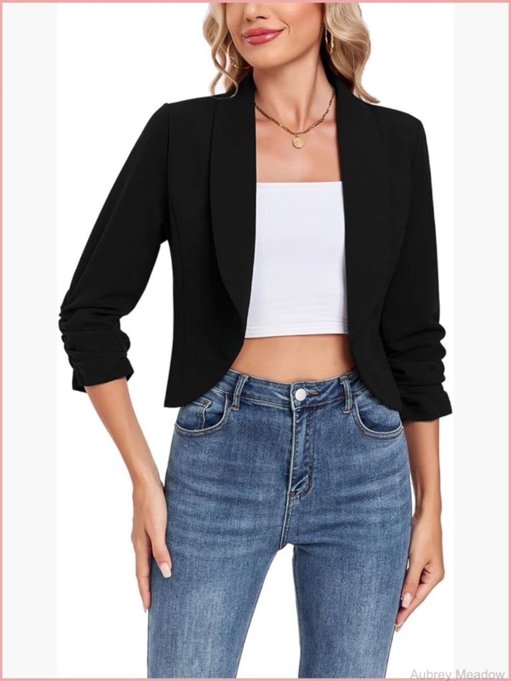 Cropped Blazer - 3/4 Ruched Sleeve Open Front Cardigan Jacket - Picture 1 of 6